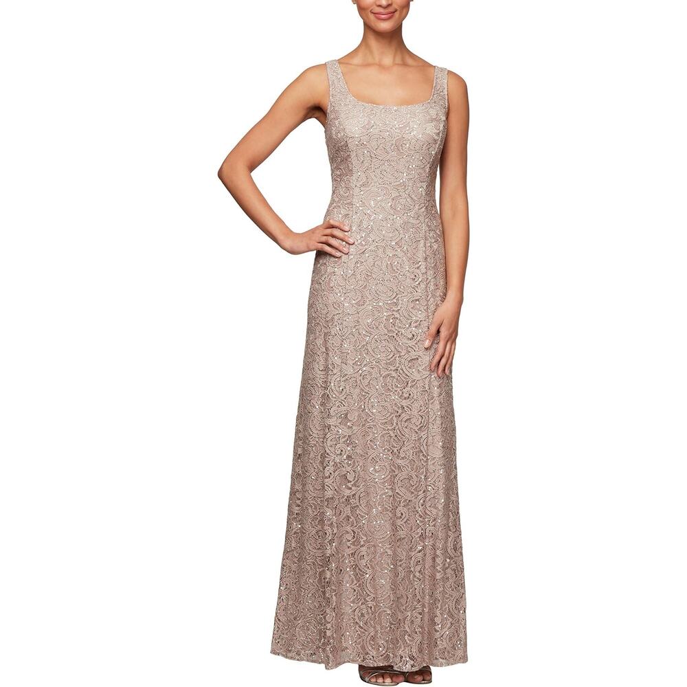NWT! Alex Evenings Women's Long Lace Jacket Dress, Buff,14